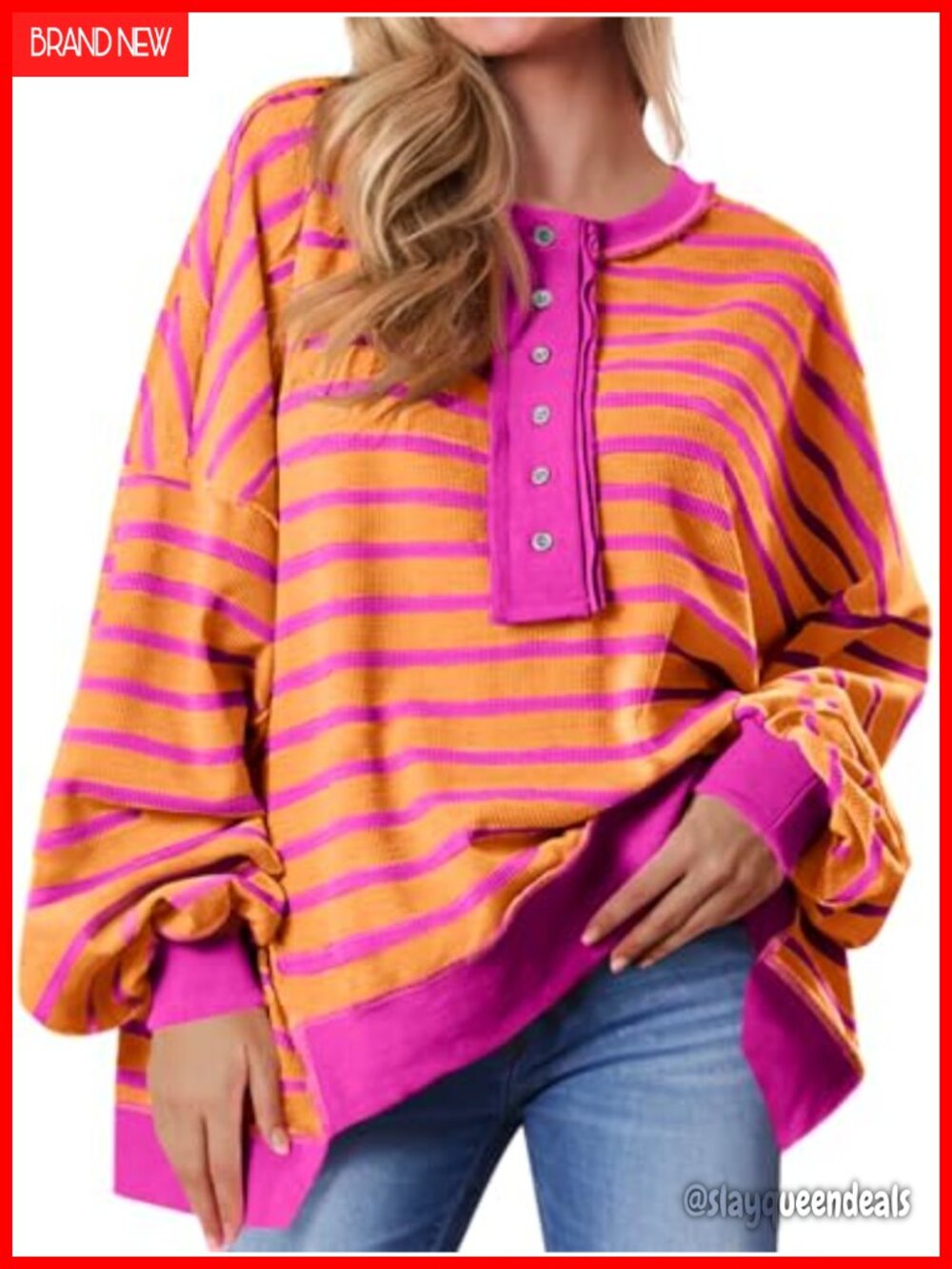 Oversized Striped Waffle Knit Henley Sweatshirt Loose Pullover Fall